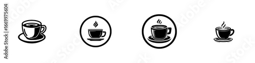Stylized coffee cup icons with steam rising, minimalist monochrome icons