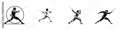 Fencer in action with foil, dynamic pose, competitive sport silhouette, minimalist monochrome icons