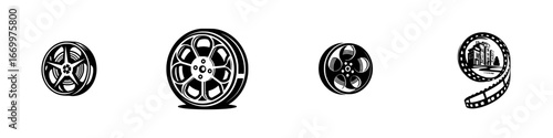 Vintage film reels and cinematic strip with buildings, minimalist monochrome icons