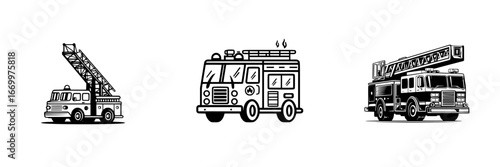 Stylized fire engine trucks with ladders, black and white line art, minimalist monochrome icons