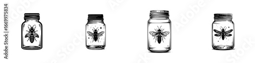 Insects preserved in glass jars, vintage style collection, minimalist monochrome icons