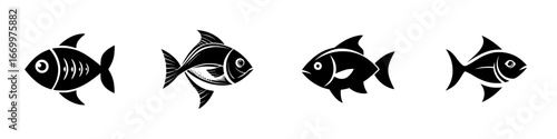 Stylized black fish silhouettes on white background, minimalist monochrome icons