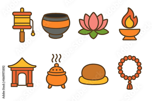 Colorful Religious Symbols. Flat vector mini-illustrations Monk symbols in colors children's illustrations: prayer wheel, alms