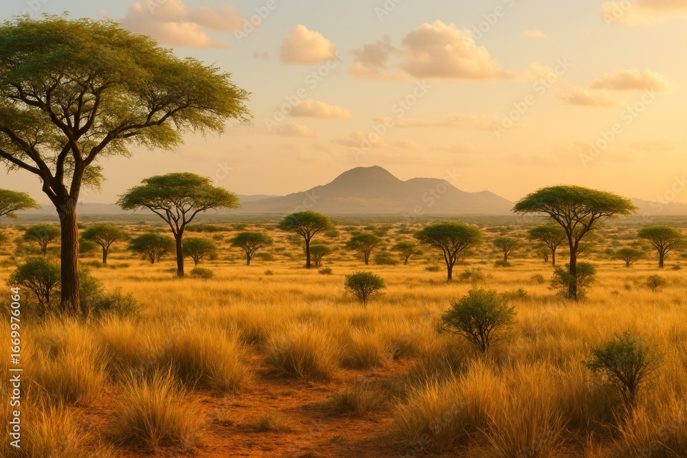 Obraz premium Serene savanna landscape at sunset.