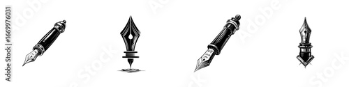 Vintage fountain pen nibs and writing tools, minimalist monochrome icons