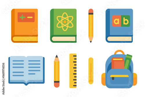 Colorful School Supplies. Flat vector mini-illustrations school books in colors children's illustrations: math book, science book,