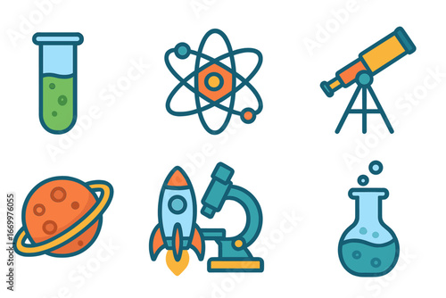 Colorful Science Stickers. Flat vector mini-illustrations memoir decorations in colors children's illustrations: stickers, washi