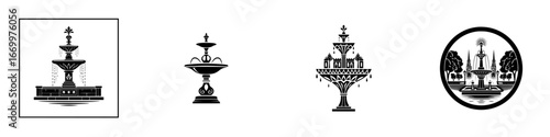 Ornate tiered water fountains with classical architectural elements and landscaping, minimalist monochrome icons