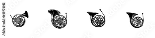 French Horn Brass Instrument for Orchestra and Symphony, minimalist monochrome icons