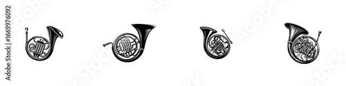 French Horn Brass Musical Instrument for Orchestra and Ensemble, minimalist monochrome icons