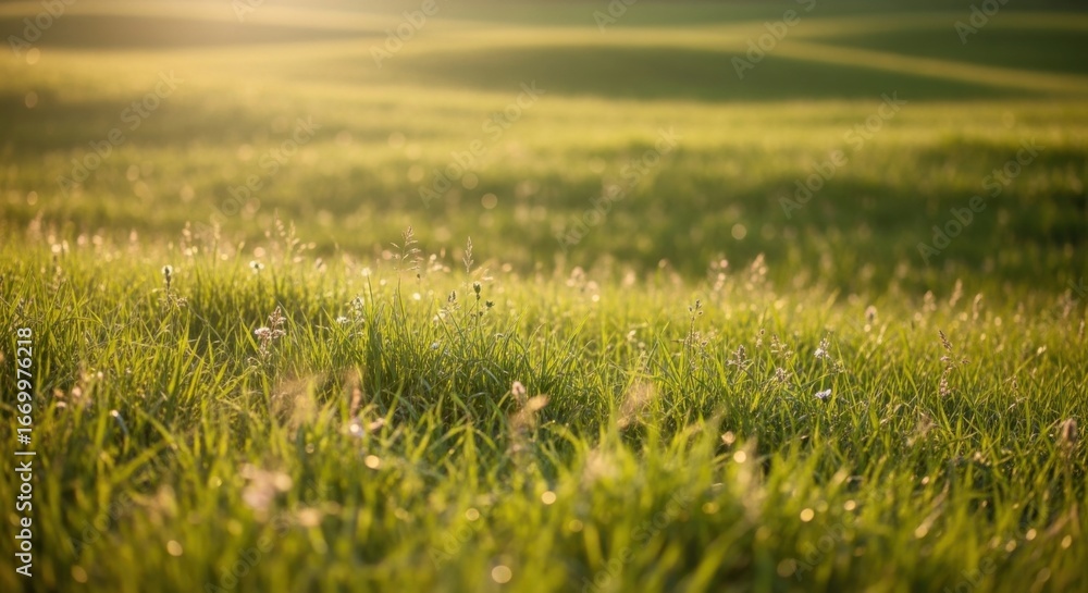 Fototapeta premium Sunlit Green Grass Field in Warm Evening Light
