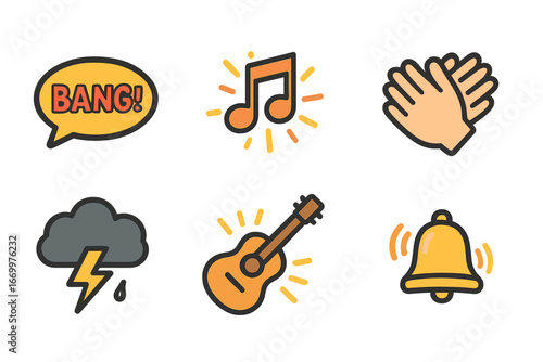 Colorful Sound Effects. Flat vector mini-illustrations sound effects in colors children's illustrations: speech bubble with "Bang!