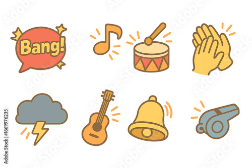 Colorful Sound Effects. Flat vector mini-illustrations sound effects in colors children's illustrations: speech bubble with "Bang!