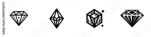 Stylized diamond shapes and geometric gems with sparkling effects, minimalist monochrome icons