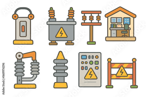 Colorful Substation Icons. Flat vector mini-illustrations high voltage substations in colors children's illustrations: circuit