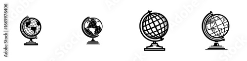 Stylized globes on stands representing Earth and geography, minimalist monochrome icons