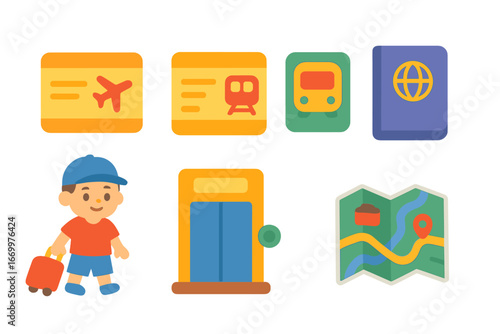 Colorful Travel Icons. Flat vector mini-illustrations travel tickets in colors children's illustrations: airplane ticket, train
