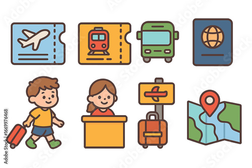 Colorful Travel Icons. Flat vector mini-illustrations travel tickets in colors children's illustrations: airplane ticket, train