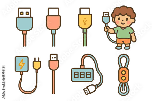 Colorful USB Cables Grid. Flat vector mini-illustrations USB cables in colors children's illustrations: USB-A cable, USB-C cable,