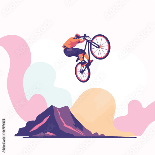 Cyclist performing stunt over small volcano