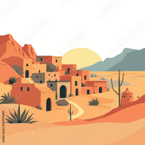 Old desert village houses with mountains