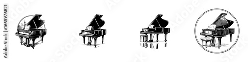 Grand piano with musical score and cityscape silhouette, minimalist monochrome icons