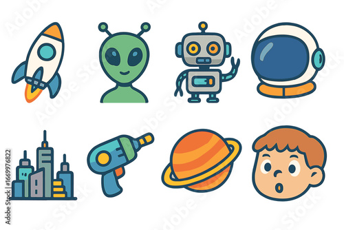 Cosmic Kids Adventure. Flat vector mini-illustrations science fiction in colors children's illustrations: rocket ship, alien,
