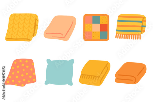 Cozy Blanket Collection. Flat vector mini-illustrations cozy blankets and throws in colors children's illustrations: knitted