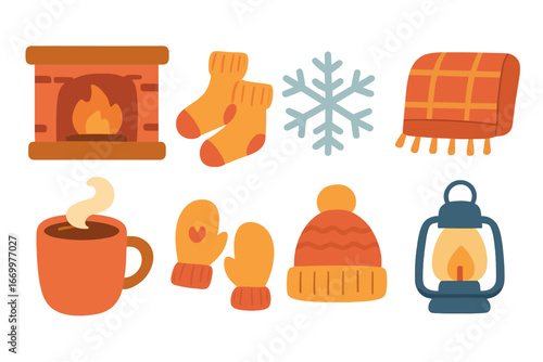 Cozy Winter Icons. Flat vector mini-illustrations cozy winter in colors children's illustrations: fireplace, wool socks, snowflake