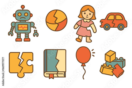 Cracked Children's Toys. Flat vector mini-illustrations cracked toys in colors children's illustrations: broken robot, cracked