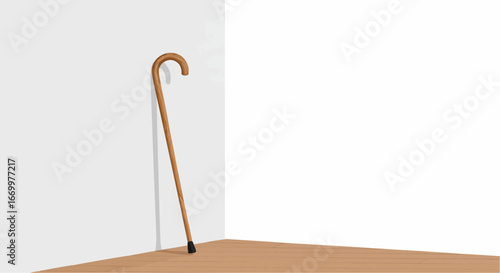 Wooden cane placed in the corner of a minimalist room  