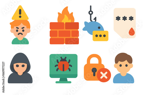 Cybersecurity Icons for Kids. Flat vector mini-illustrations authentication challenges in colors children's illustrations: