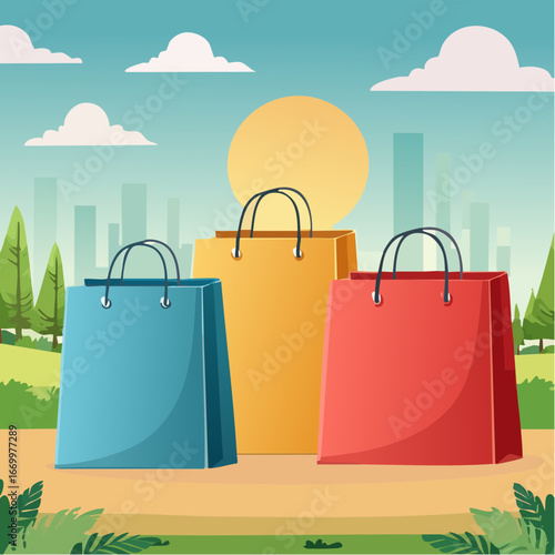 Three colorful paper shopping bags with basket icon vector