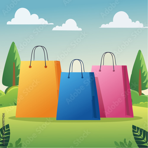 Three colorful paper shopping bags with basket icon vector