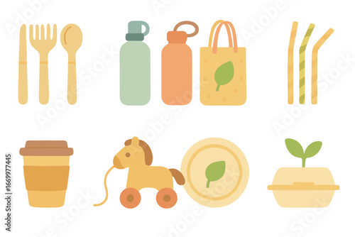 Eco Kids' Icons. Flat vector mini-illustrations biodegradable alternatives in colors children's illustrations: bamboo utensils,