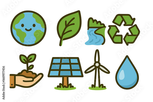 Eco-Friendly Icons. Flat vector mini-illustrations environmental protection in colors children's illustrations: earth globe, green
