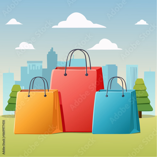 Three colorful paper shopping bags with basket icon vector