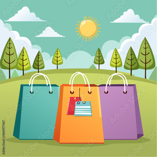 Three colorful paper shopping bags with basket icon vector