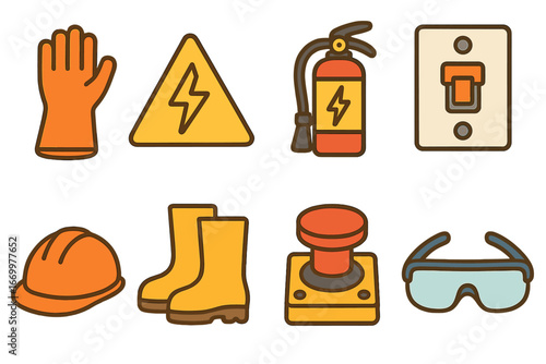 Electrical Safety Icons. Flat vector mini-illustrations electricity safety in colors children's illustrations: insulated gloves,
