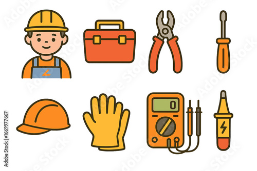 Electricity Maintenance Icons. Flat vector mini-illustrations electricity maintenance in colors children's illustrations: