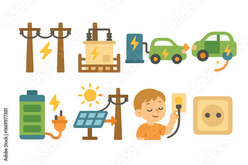 Energy Transfer Icons. Flat vector mini-illustrations energy transfer in colors children's illustrations: power lines, transformer