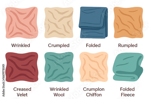 Fabric Texture Grid. Flat vector mini-illustrations fabric textures in colors children's illustrations: wrinkled silk, crumpled