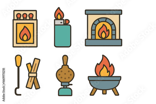 Fire Tools for Kids. Flat vector mini-illustrations fire tools in colors children's illustrations: matchbox, lighter, fireplace,