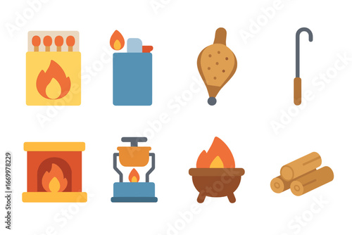 Fire Tools for Kids. Flat vector mini-illustrations fire tools and accessories in colors children's illustrations: matchbox,