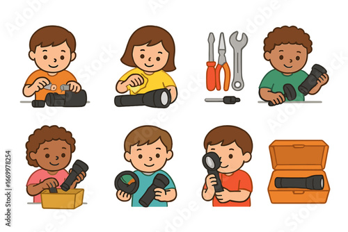Flashlight Care Icons. Flat vector mini-illustrations flashlight maintenance in colors children's illustrations: child replacing
