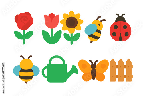 Garden Icons Delight. Flat vector mini-illustrations garden beauty in colors children's illustrations: rose, tulip, sunflower,