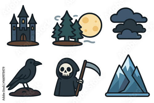 Gothic Castle and Moon. Flat vector mini-illustrations black metal album art in colors children's illustrations: gothic castle,