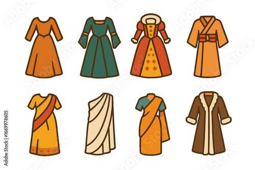 Historical Gowns Icons. Flat vector mini-illustrations Historical gowns in colors children's illustrations: medieval gown,