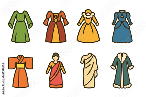 Historical Gowns Icons. Flat vector mini-illustrations Historical gowns in colors children's illustrations: medieval gown,
