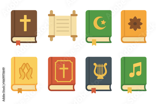 Holy Books for Kids. Flat vector mini-illustrations Holy books in colors children's illustrations: Bible, Torah, Quran, Vedas,